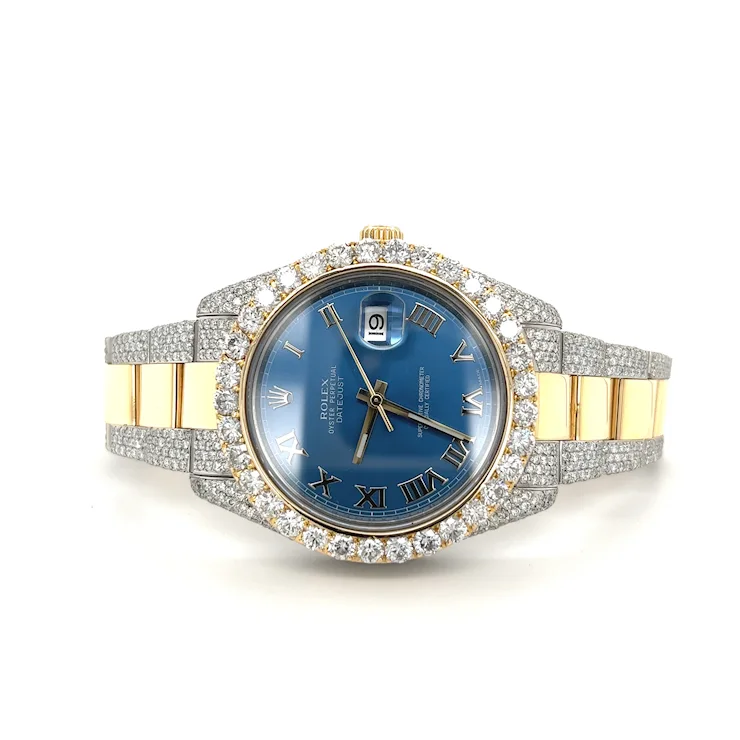 Rolex Mens 42mm Blue Face Roman Numeral Dial With Diamond Bezel and Bracelet