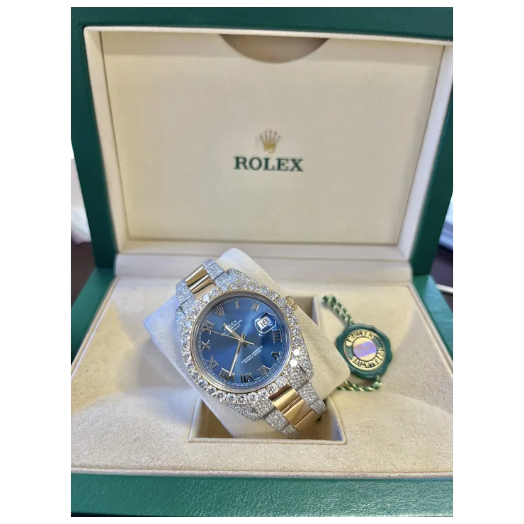 Rolex Mens 42mm Blue Face Roman Numeral Dial With Diamond Bezel and Bracelet