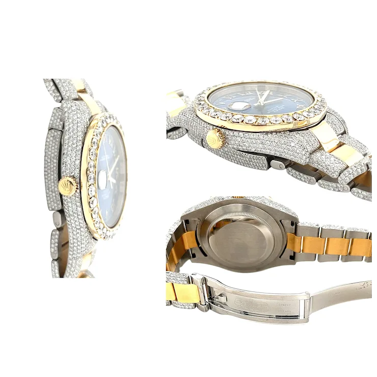 Rolex Mens 42mm Blue Face Roman Numeral Dial With Diamond Bezel and Bracelet