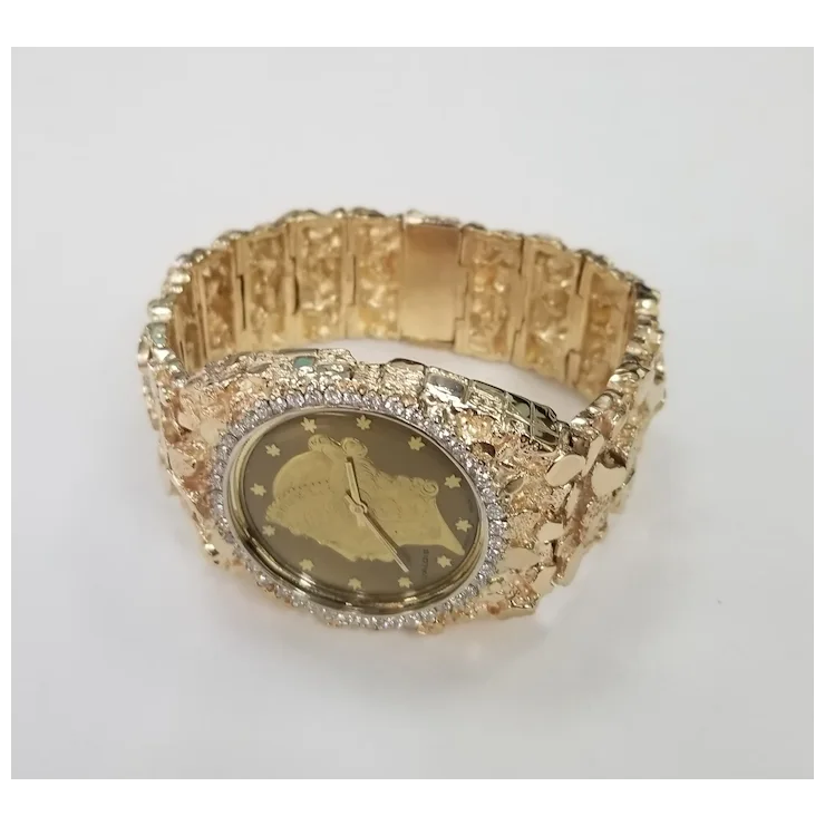 Vintage Circa 1970s 14 Karat Gold Yellow Men's "Nugget" Diamond "Louvrex" Watch