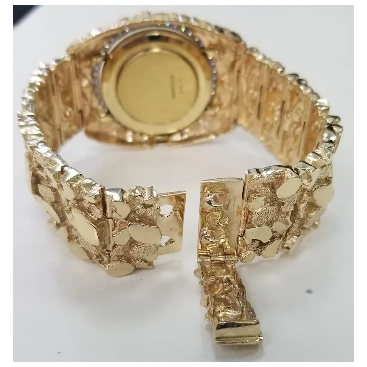 Vintage Circa 1970s 14 Karat Gold Yellow Men's "Nugget" Diamond "Louvrex" Watch