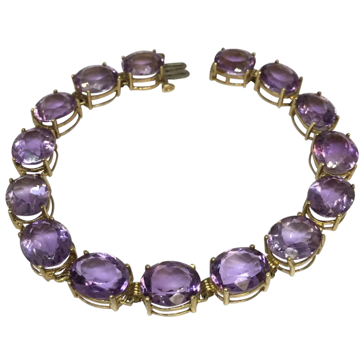 10K gold 11 mm by 9 mm 38 Ct Oval Natural Amethyst Tennis Bracelet Women 8 inch