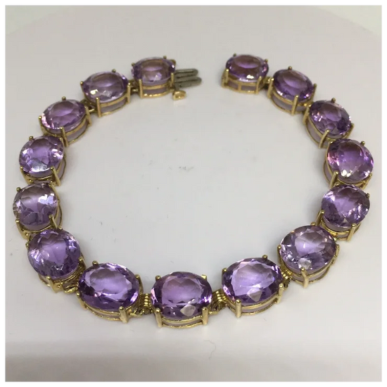 10K gold 11 mm by 9 mm 38 Ct Oval Natural Amethyst Tennis Bracelet Women 8 inch