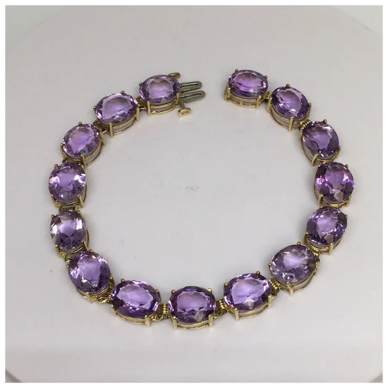 10K gold 11 mm by 9 mm 38 Ct Oval Natural Amethyst Tennis Bracelet Women 8 inch