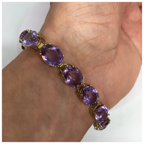 10K gold 11 mm by 9 mm 38 Ct Oval Natural Amethyst Tennis Bracelet Women 8 inch