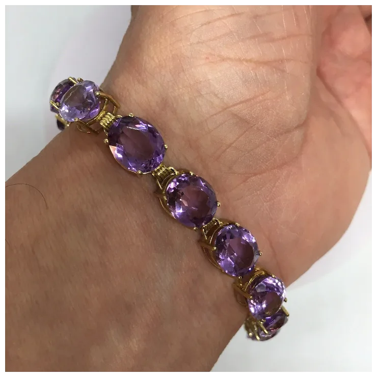 10K gold 11 mm by 9 mm 38 Ct Oval Natural Amethyst Tennis Bracelet Women 8 inch