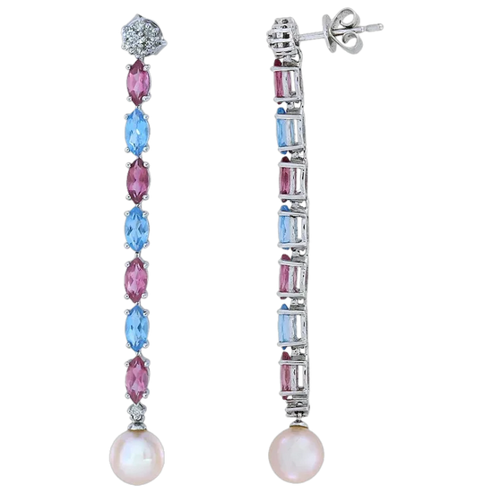 Pair of earrings with gemstones and pearls on a white background