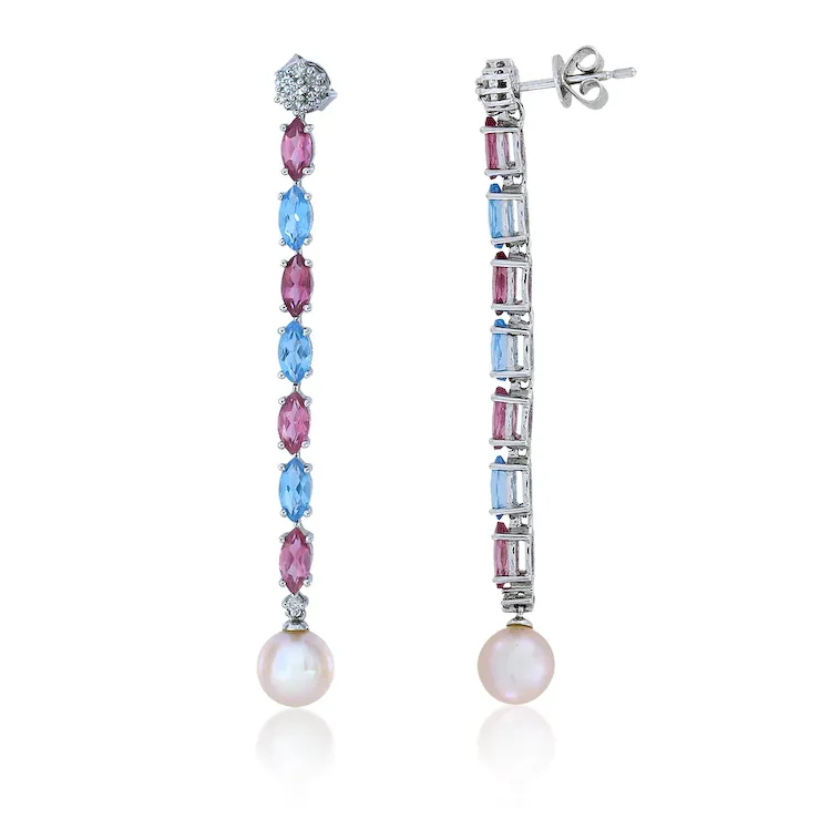 Pair of earrings with gemstones and pearls on a white background