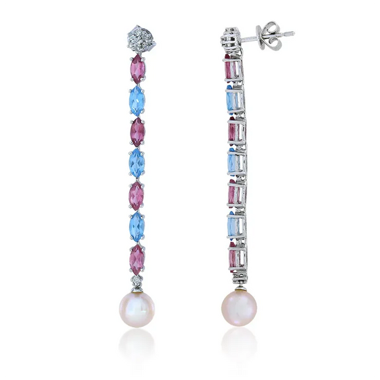 Pair of earrings with gemstones and pearls on a white background