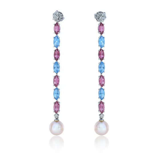 Pair of earrings with pink and blue gemstones on a white background