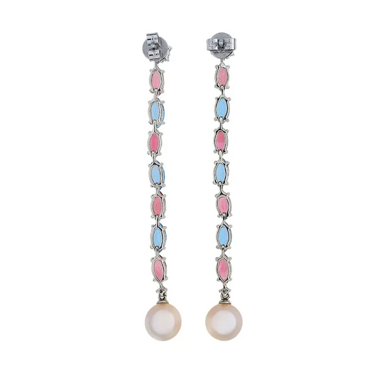 Pair of earrings with pink and blue stones and pearl drops on a white background