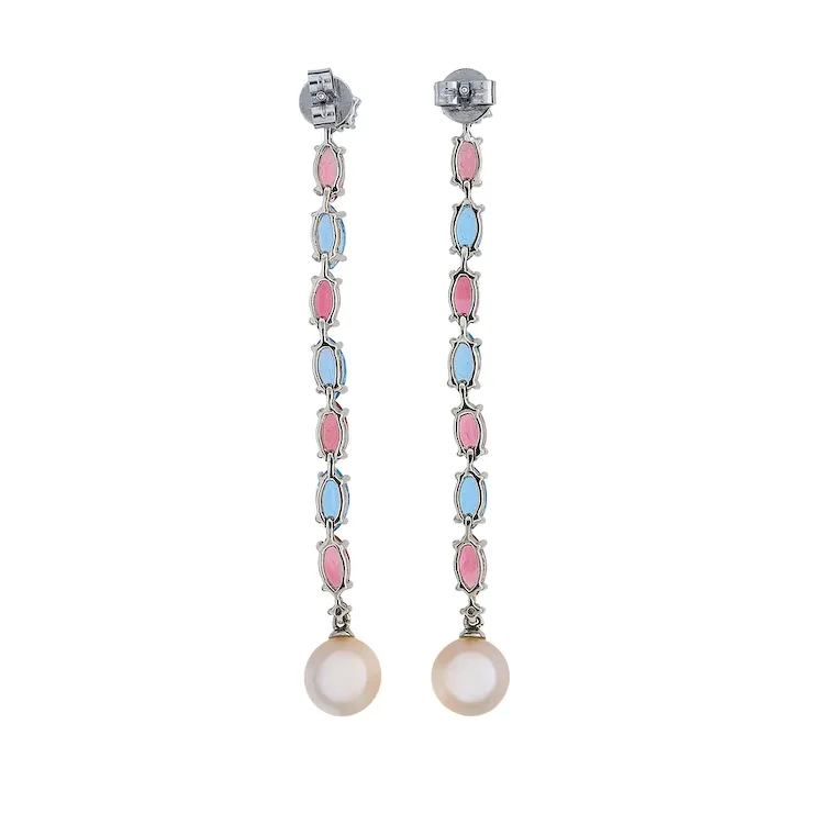 Pair of earrings with pink and blue stones and pearl drops on a white background