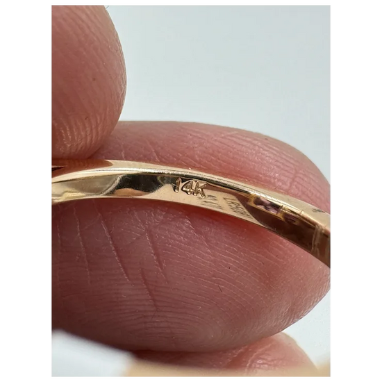 Gold ring being held between fingers with a clear background