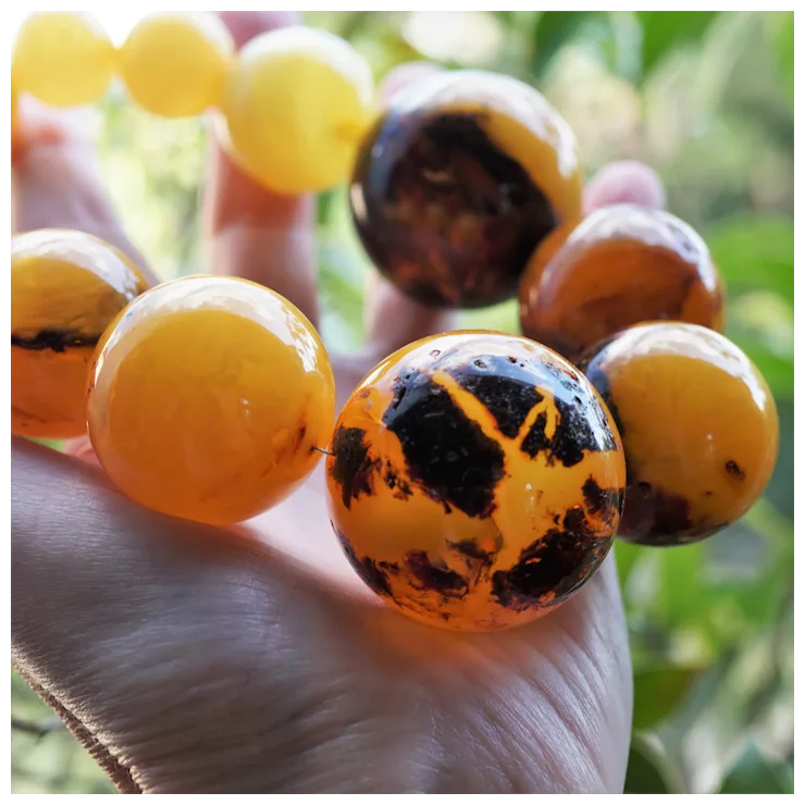 Close-up of amber beads with black inclusions held in a hand against a blurred natural background.