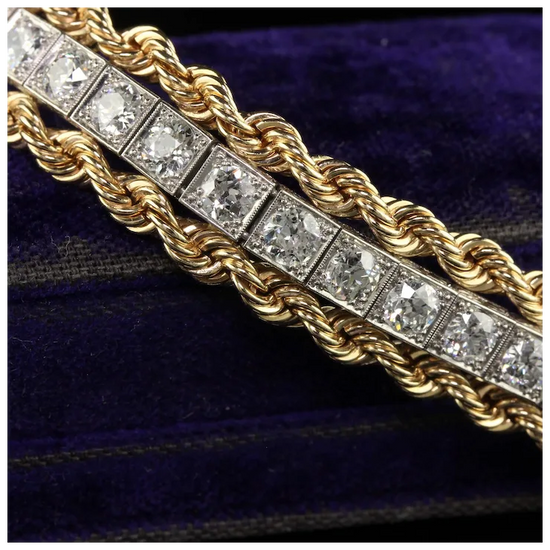 Gold bracelet with diamond stones on a dark blue background