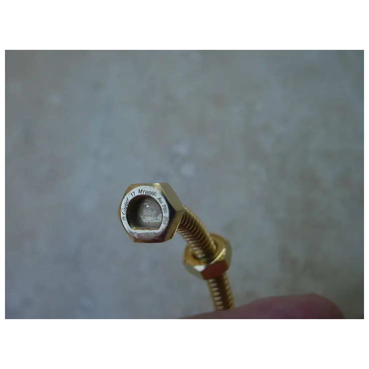 Gold-colored bolt held against a textured gray background