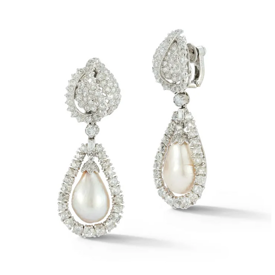 Pair of teardrop-shaped earrings with pearls and diamonds on a white background