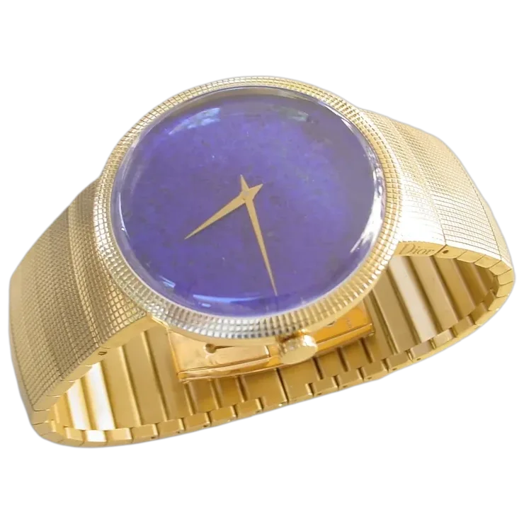 Gold watch with a blue face on a white background