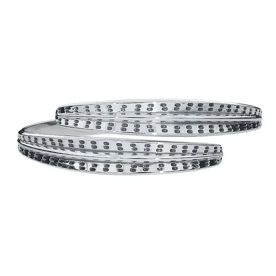 Two silver bracelets with a textured band on a white background