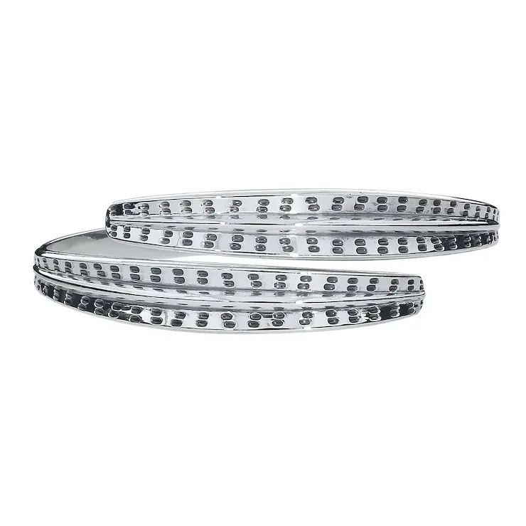 Two silver bracelets with a textured band on a white background