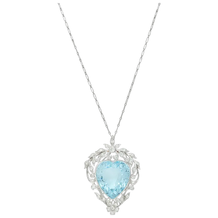 Necklace with a heart-shaped blue gemstone pendant on a white background