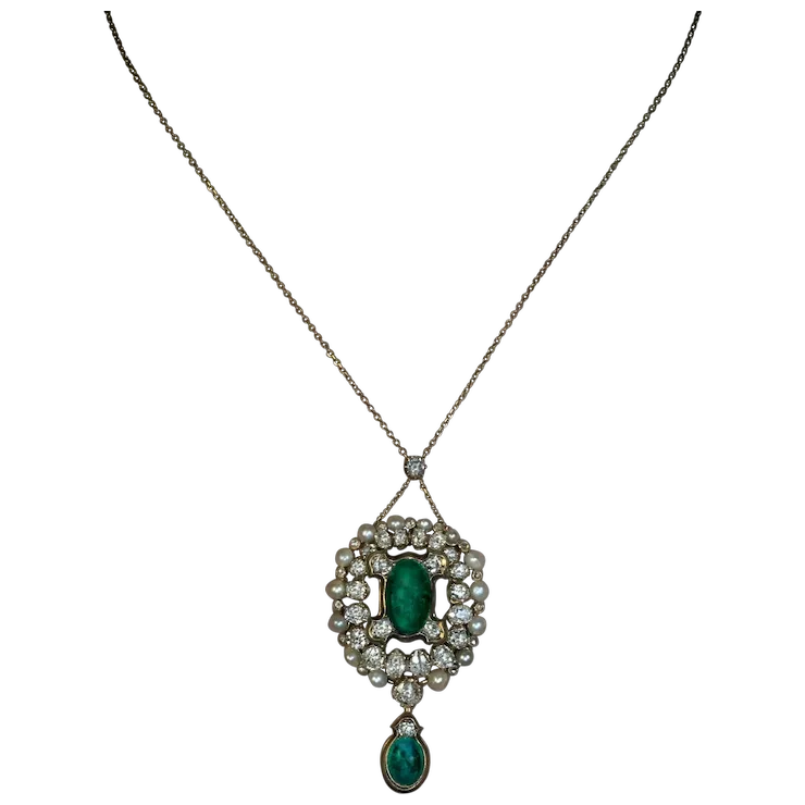 Elegant necklace with a green gemstone pendant on a white background