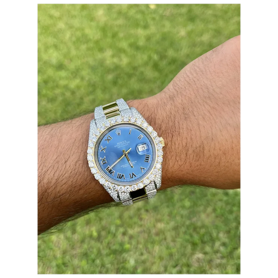 Rolex Mens 42mm Blue Face Roman Numeral Dial With Diamond Bezel and Bracelet