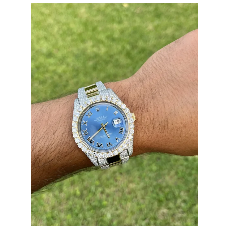 Rolex Mens 42mm Blue Face Roman Numeral Dial With Diamond Bezel and Bracelet