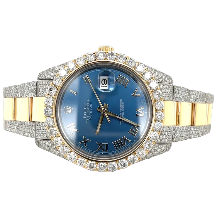 Rolex Mens 42mm Blue Face Roman Numeral Dial With Diamond Bezel and Bracelet
