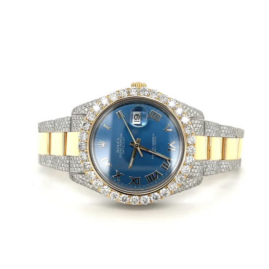 Rolex Mens 42mm Blue Face Roman Numeral Dial With Diamond Bezel and Bracelet