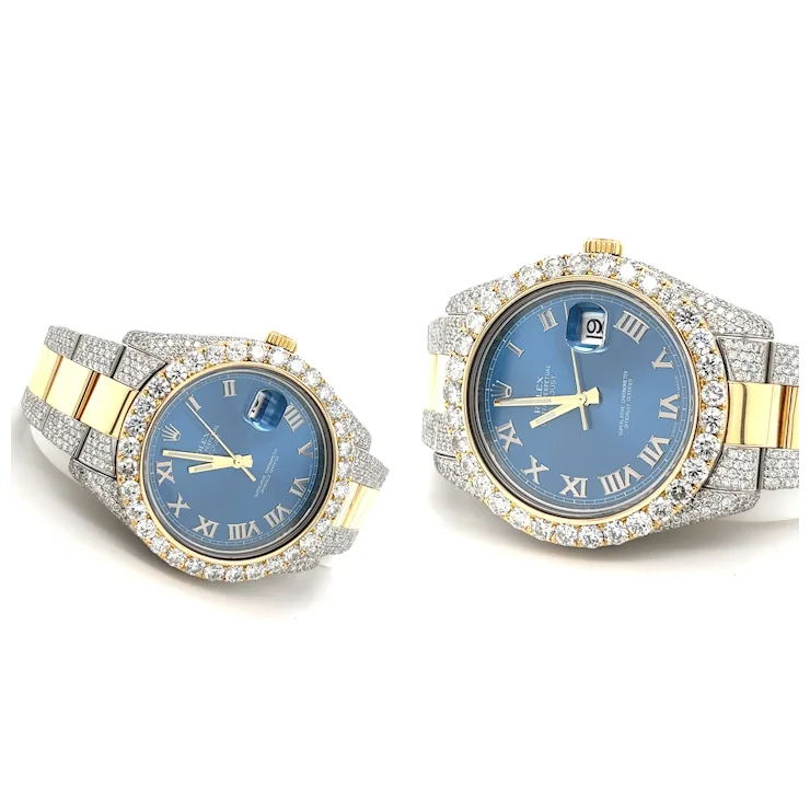 Rolex Mens 42mm Blue Face Roman Numeral Dial With Diamond Bezel and Bracelet