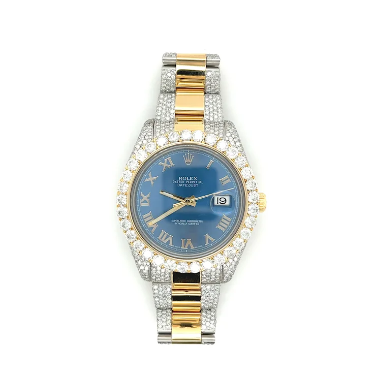 Rolex Mens 42mm Blue Face Roman Numeral Dial With Diamond Bezel and Bracelet