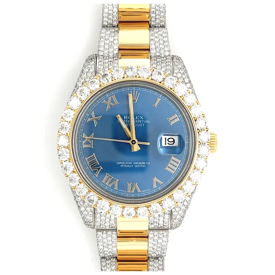 Rolex Mens 42mm Blue Face Roman Numeral Dial With Diamond Bezel and Bracelet