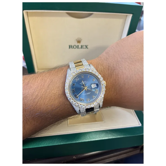 Rolex Mens 42mm Blue Face Roman Numeral Dial With Diamond Bezel and Bracelet