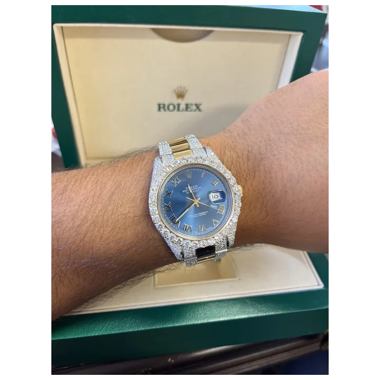 Rolex Mens 42mm Blue Face Roman Numeral Dial With Diamond Bezel and Bracelet