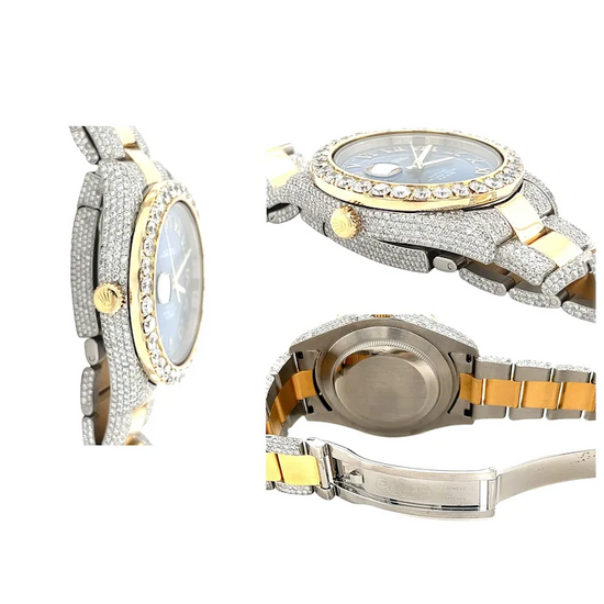 Rolex Mens 42mm Blue Face Roman Numeral Dial With Diamond Bezel and Bracelet