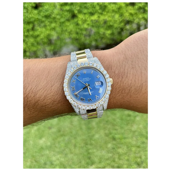 Rolex Mens 42mm Blue Face Roman Numeral Dial With Diamond Bezel and Bracelet