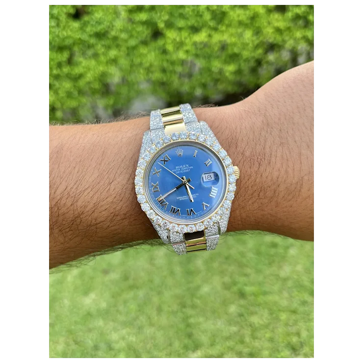 Rolex Mens 42mm Blue Face Roman Numeral Dial With Diamond Bezel and Bracelet