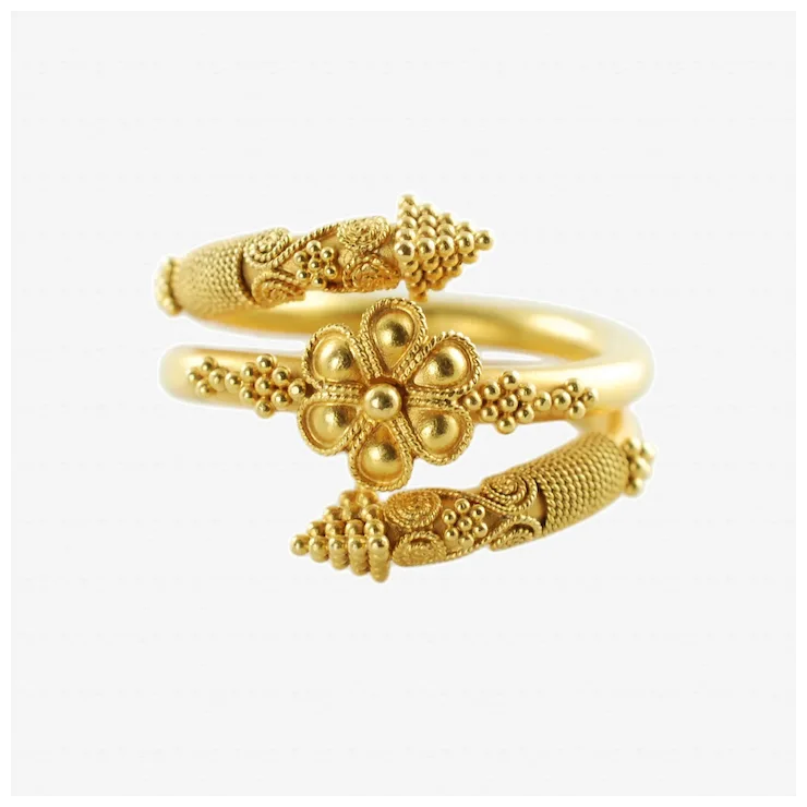 Vintage 22K Yellow Gold Byzantine Rosette Coil Ring with Granulation and Wire Wrapped Detail