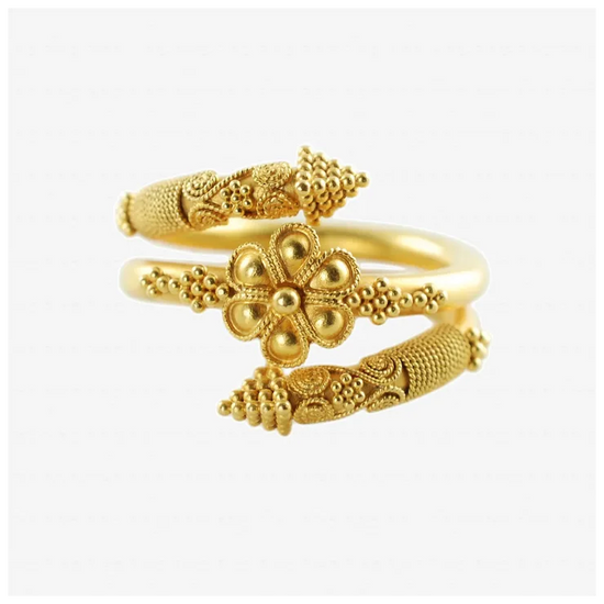 Vintage 22K Yellow Gold Byzantine Rosette Coil Ring with Granulation and Wire Wrapped Detail
