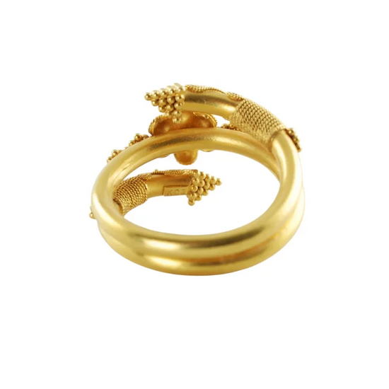 Vintage 22K Yellow Gold Byzantine Rosette Coil Ring with Granulation and Wire Wrapped Detail