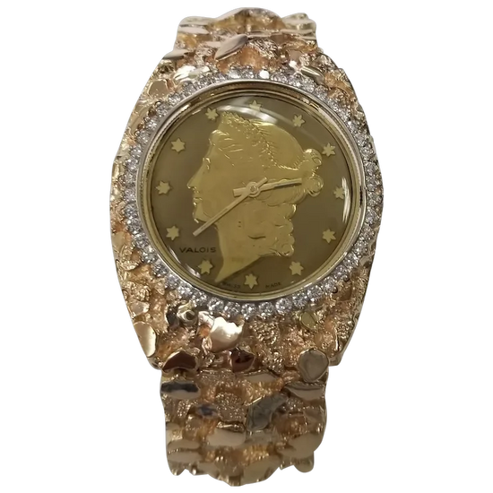 Vintage Circa 1970s 14 Karat Gold Yellow Men's "Nugget" Diamond "Louvrex" Watch