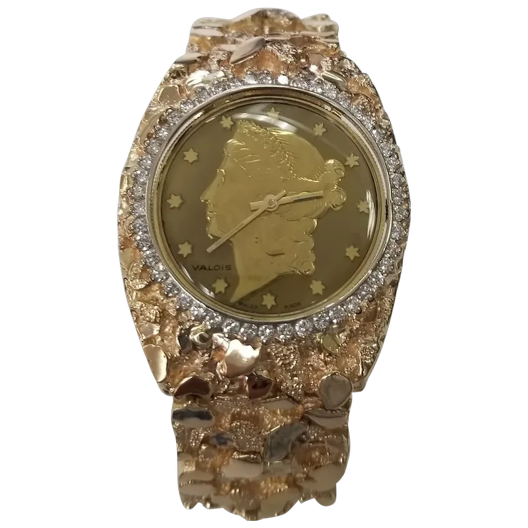 Vintage Circa 1970s 14 Karat Gold Yellow Men's "Nugget" Diamond "Louvrex" Watch