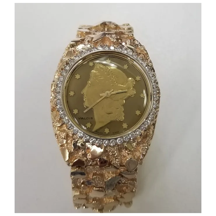 Vintage Circa 1970s 14 Karat Gold Yellow Men's "Nugget" Diamond "Louvrex" Watch