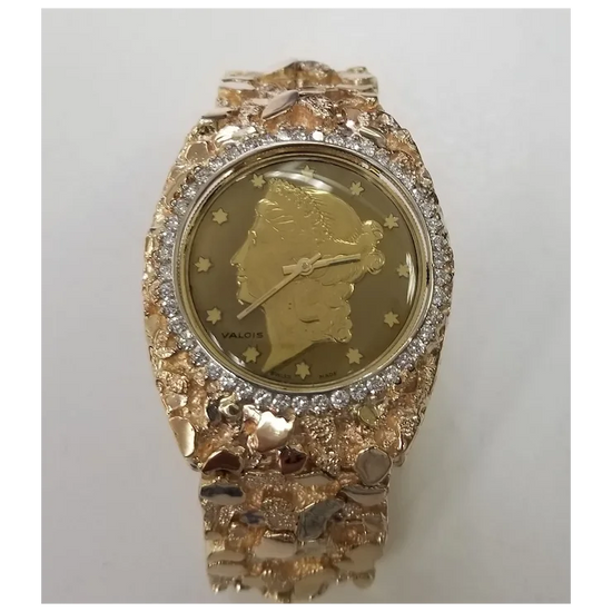 Vintage Circa 1970s 14 Karat Gold Yellow Men's "Nugget" Diamond "Louvrex" Watch