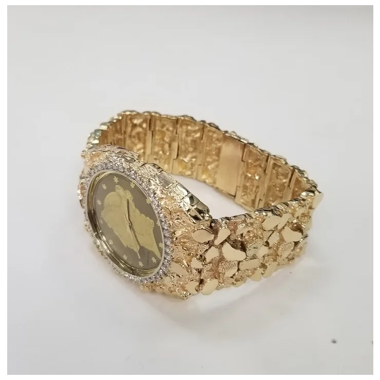 Vintage Circa 1970s 14 Karat Gold Yellow Men's "Nugget" Diamond "Louvrex" Watch
