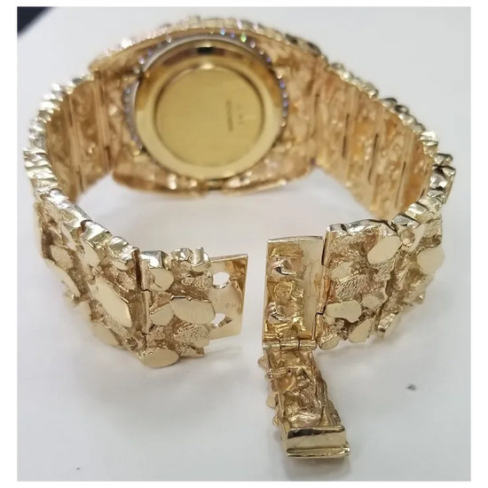 Vintage Circa 1970s 14 Karat Gold Yellow Men's "Nugget" Diamond "Louvrex" Watch