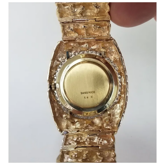 Vintage Circa 1970s 14 Karat Gold Yellow Men's "Nugget" Diamond "Louvrex" Watch