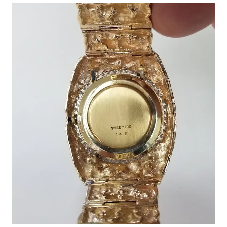 Vintage Circa 1970s 14 Karat Gold Yellow Men's "Nugget" Diamond "Louvrex" Watch