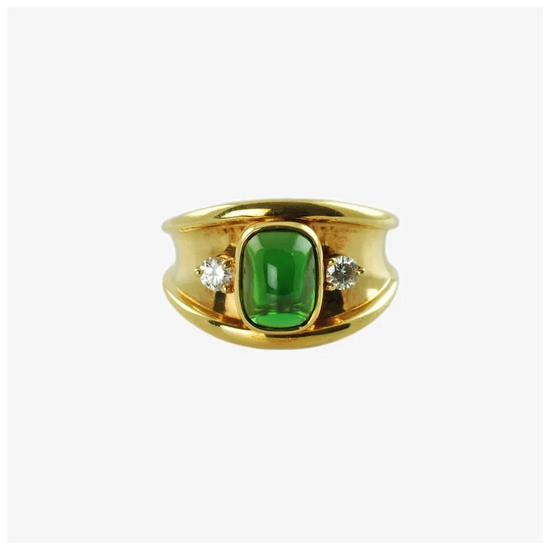 Gold ring with a green gemstone and two diamonds on a white background